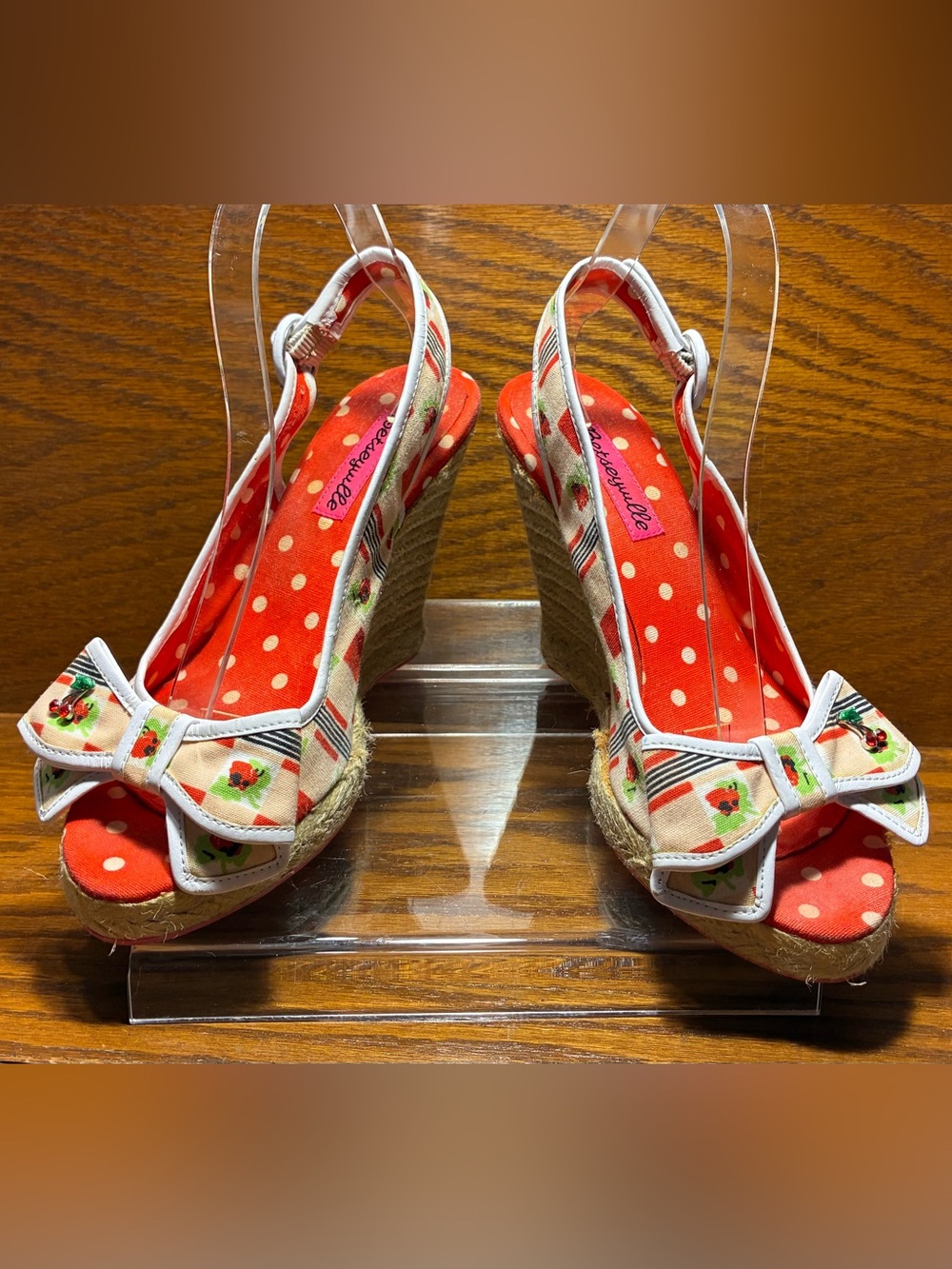 Y2K Vintage Betseyville Cherry Print Bow Slingback Espadrille Wedges Size 8.5 - Picture 3 of 13